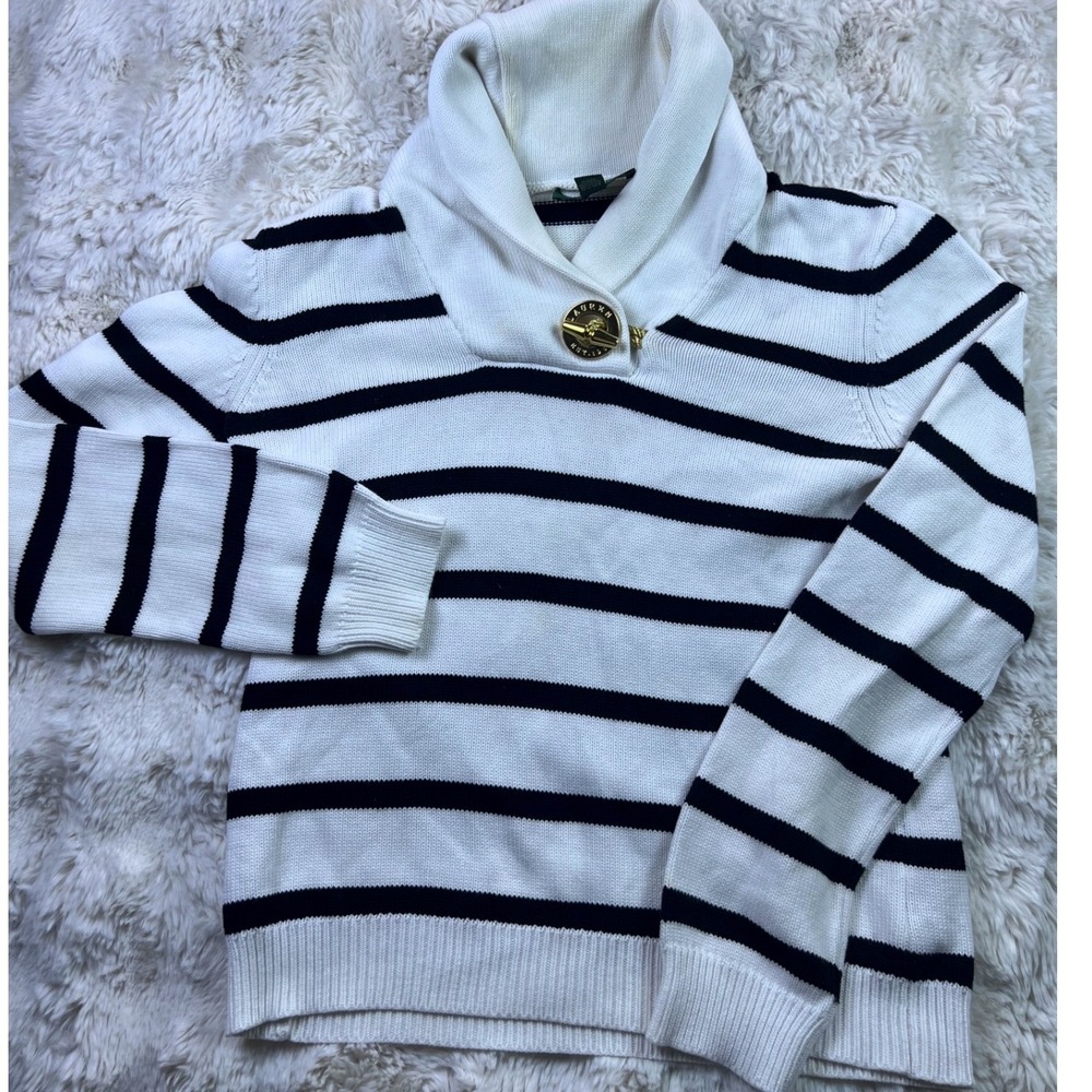 Lauren Ralph Lauren Striped Shawl Collar Toggle Sweater White Navy Blue Sz M A31